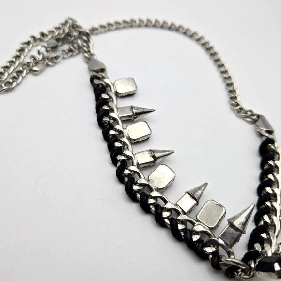 Silvertone Chain with Spikes Clear and Black Rhinestones Leather Accent Necklace - Picture 4 of 6